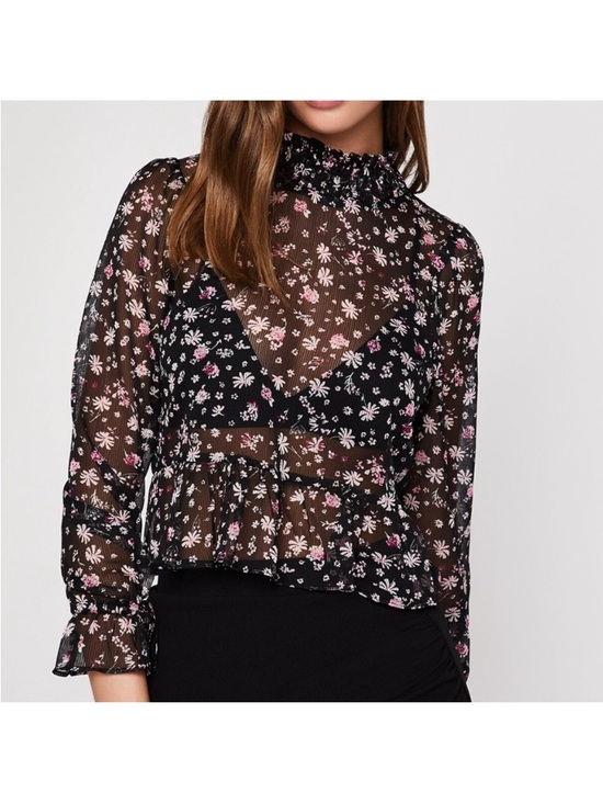 BCBGeneration Tops - BCBGeneration Black Sheer Floral Ruffle Neck Blouse Sz. M